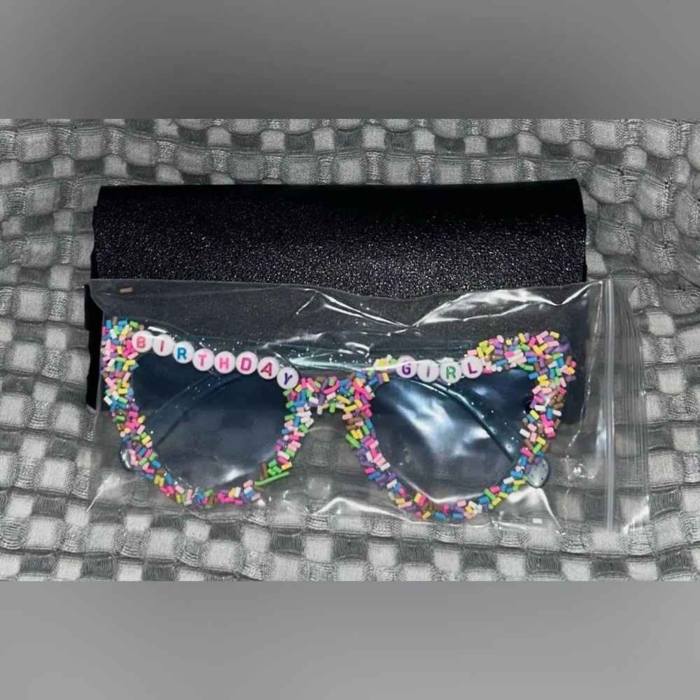 “Birthday Girl” Sprinkles Sunglasses with black protective case. NIB